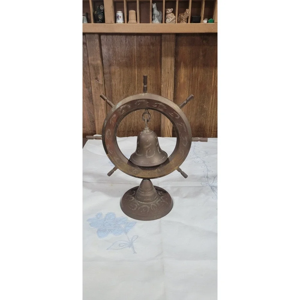 Vintage Brass Nautical Ship Boat Sailor Wheel Bell 9